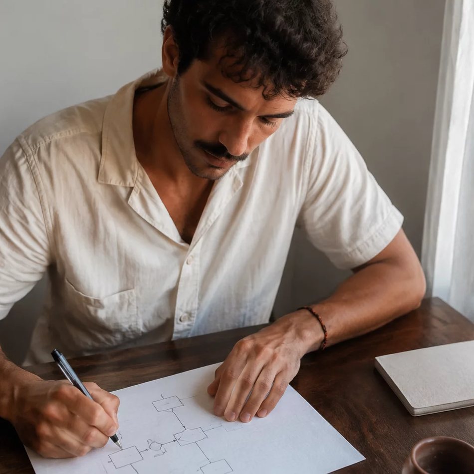 Duas pessoas relendo num tablet as notas da rodada anterior, apoiadas na mesa de madeira